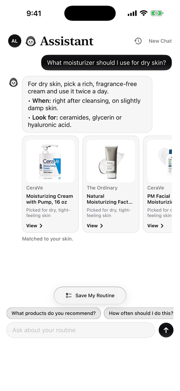 Assistant answering a question about dry skin with product cards